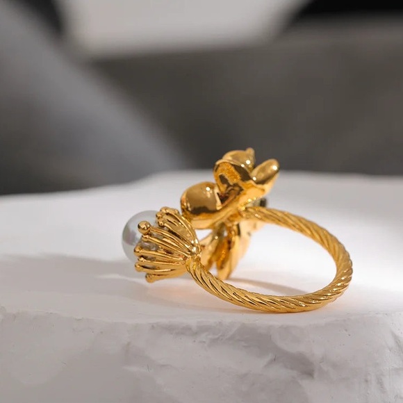 18K Gold Plated Flower Floral Ring*Open Ring*Pearl*Vintage Inspired Artsy*ML - Picture 5 of 8